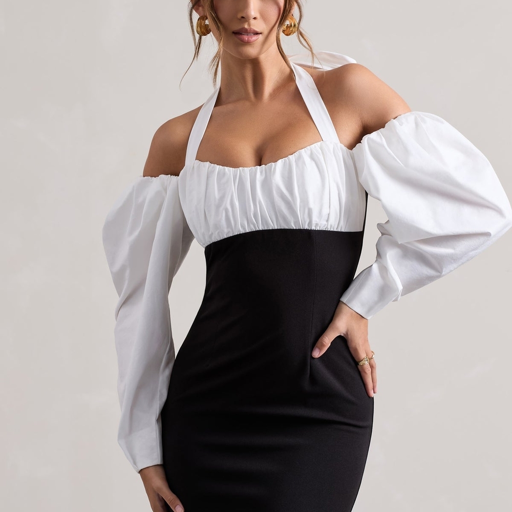 NWT LONDON L CoutureClient Black Halter-Neck PuffSleeve Midi Dress,SIZE 2-4,XS-S